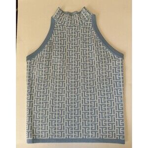 Sioni Women’s S Blue White Knit Preppy Classic Mock Neck Sleeveless‎ Sweater